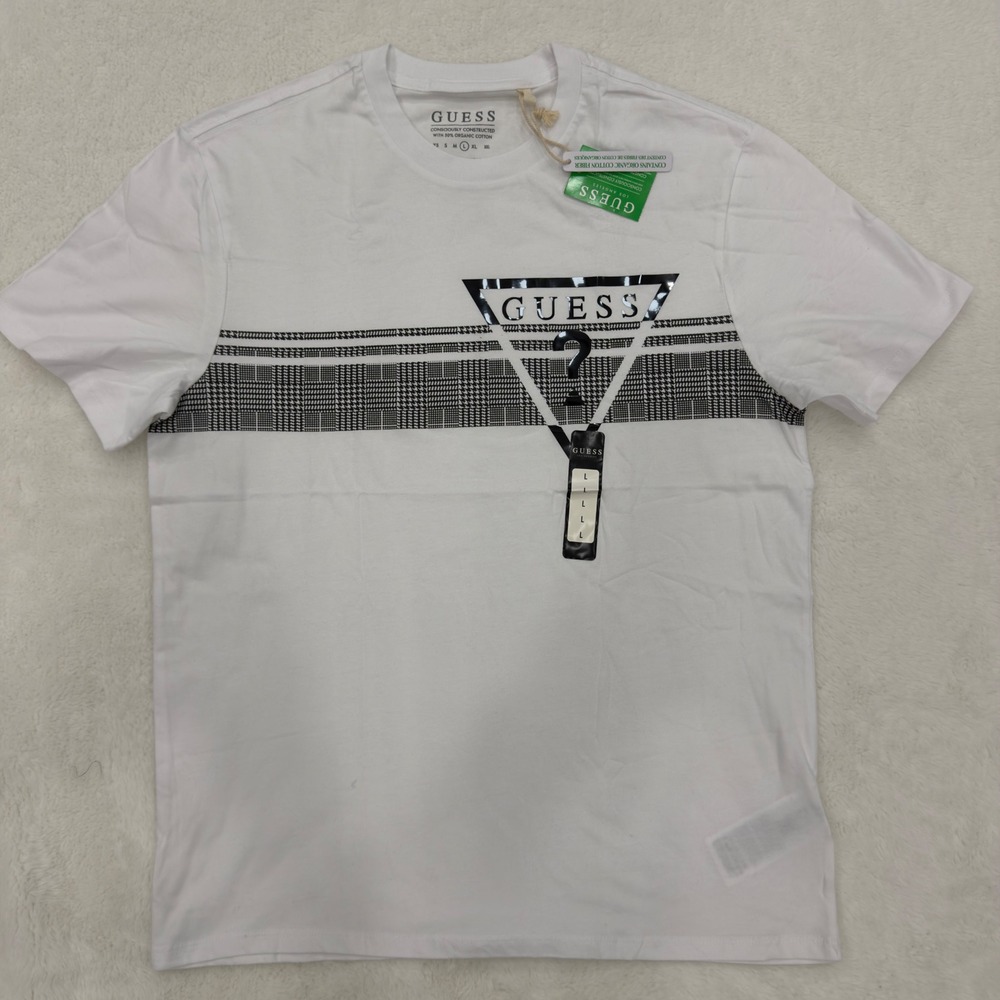 Guess Mens White Glen Plaid Graphic Logo T-Shirt Size L XBYI98 KAK91